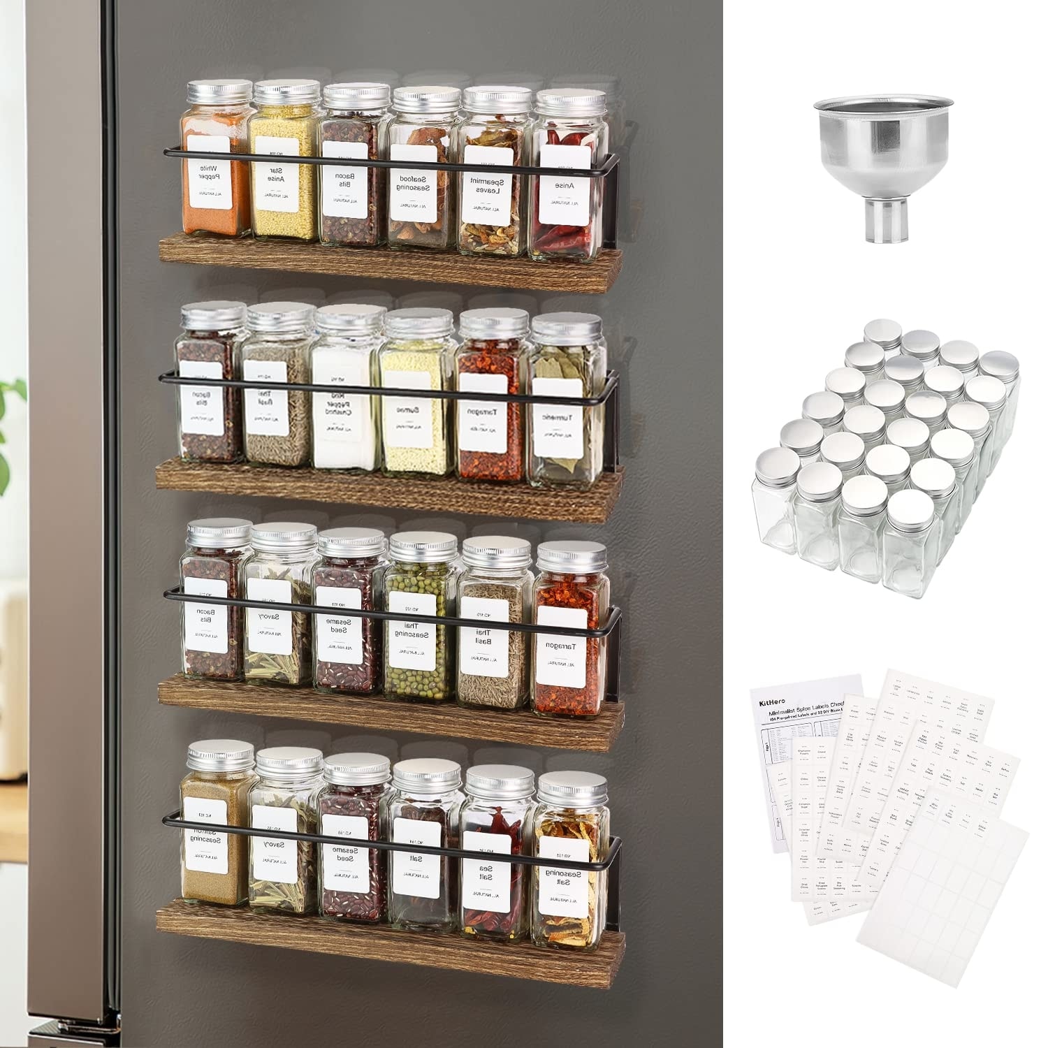 Magnetic Spice Rack with 24 Jars, 216 Labels, Steel Funnel for
