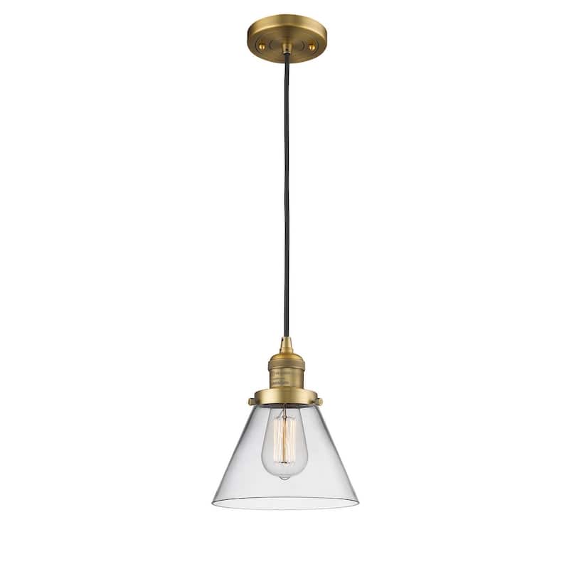 Innovations Lighting Large Cone 8" Wide Mini Pendant - Cord Suspension - Brushed Brass / Clear