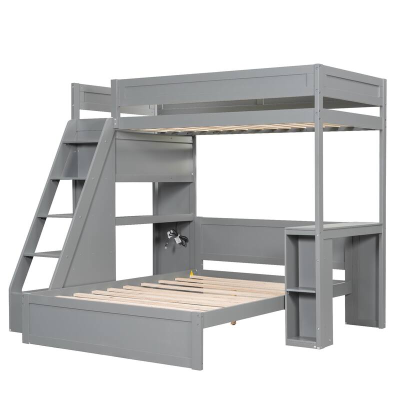 Roomfitters Twin XL Over Full Bunk Bed with Built-In Desk, USB Port and Shelves