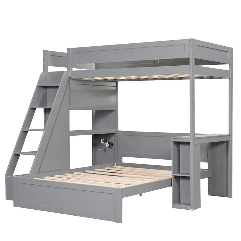 Twin XL Over Full Bunk Bed with Integrated Desk, USB Charging Station & Storage Staircase by Harper&Bright Designs