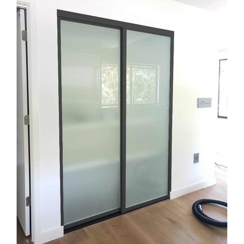 THE SLIDING DOOR COMPANY 2 Panel, Sliding Closet Doors, Frosted Glass, Aluminum Frame on double track.