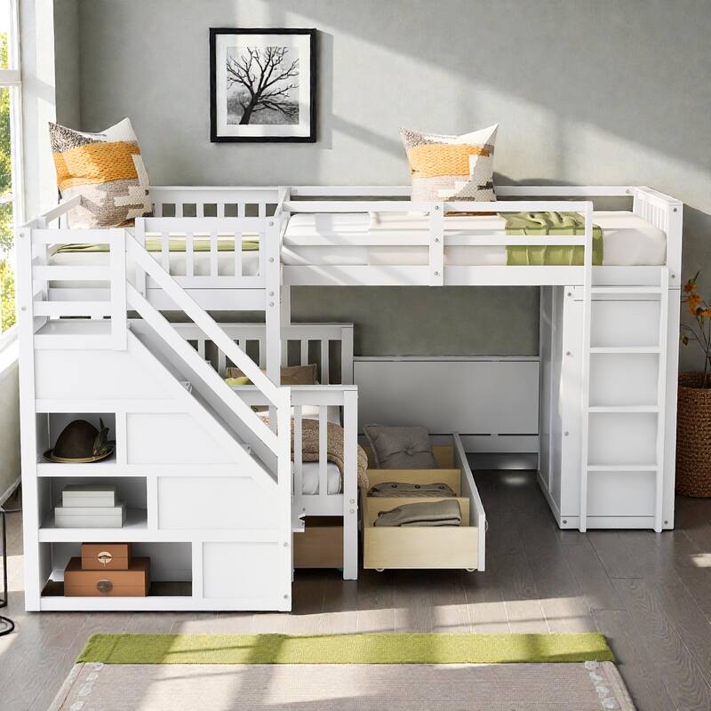 Twin Twin Over Full L-Shaped Bunk Bed with Drawers, Wardrobe and Retractable Desk, Pine Wood Frame - White - Full
