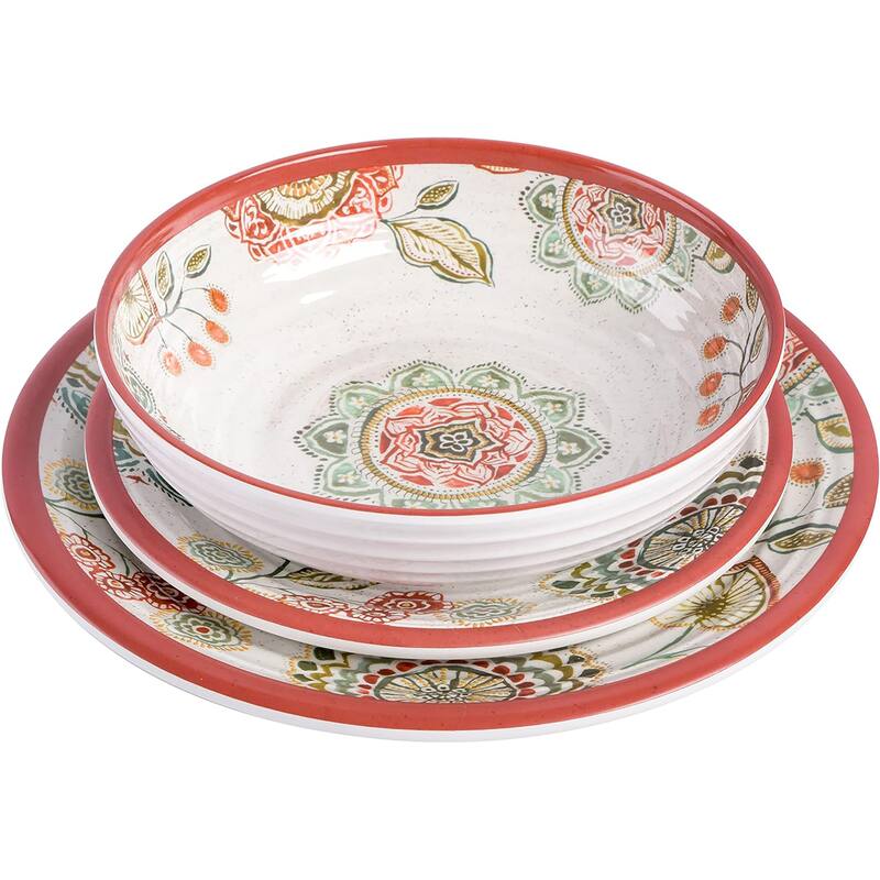 Sunshine Patch 12 Piece Melamine Dinnerware Set in Red and Orange