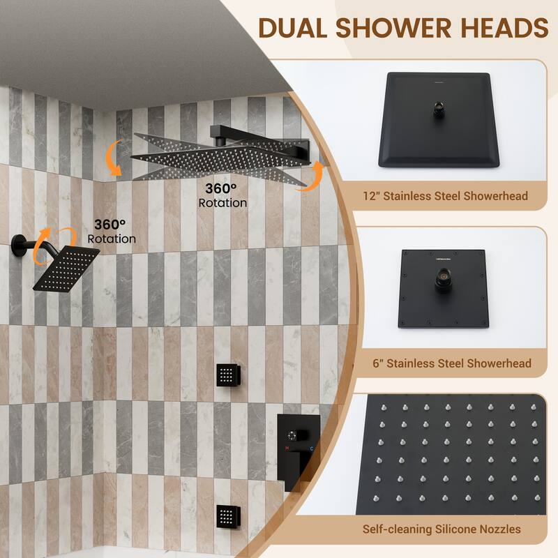 4-Spray Wall Mount 12 and 6 in. Dual Fixed and Handheld Shower Head with 4-Jets (Valve Included) - 12" x 12"