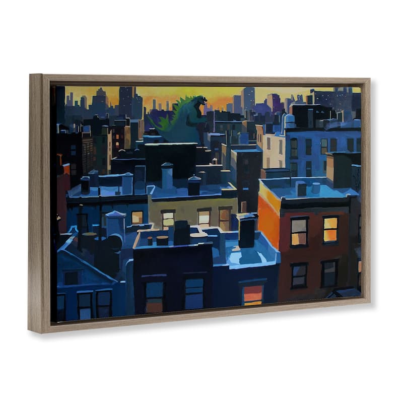 Stupell Cityscape with Distant Monster Framed Floater Canvas Wall Art Design By Keith Thomson
