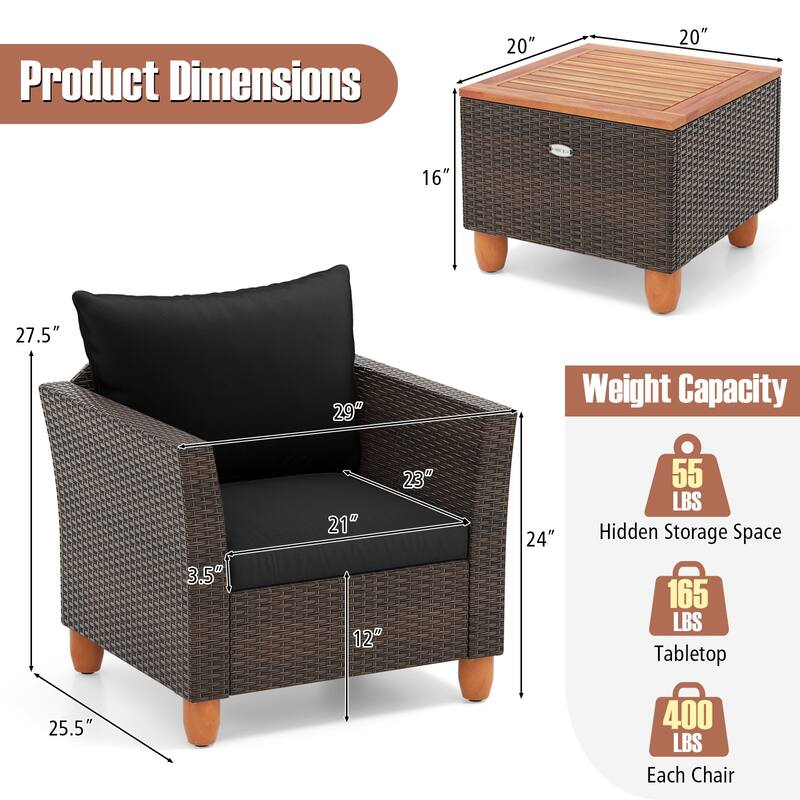 Gymax 3 PCS Patio PE Wicker Furniture Set Outdoor Conversation Bistro
