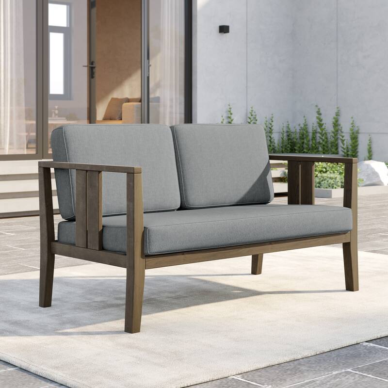 Outdoor Teak Solid Wood Patio Furniture Set Loveseat Armchair Table Collection - Loveseat - Naturalframe-Grey