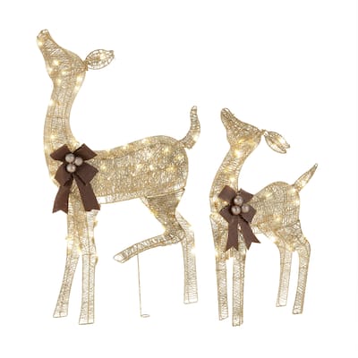 National Tree Company 38 in. Pre-Lit Christmas Fawn and Doe Outdoor Decoration - Champagne - 38 in