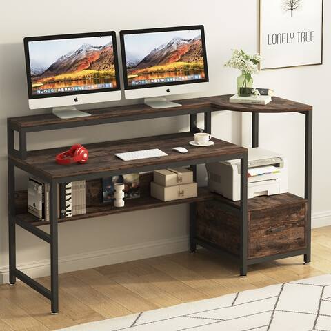 Computer Desk with Hutch and Storage Shelves, 63" Industrial Home Office Desk with File Drawer Study Writing Table Workstation