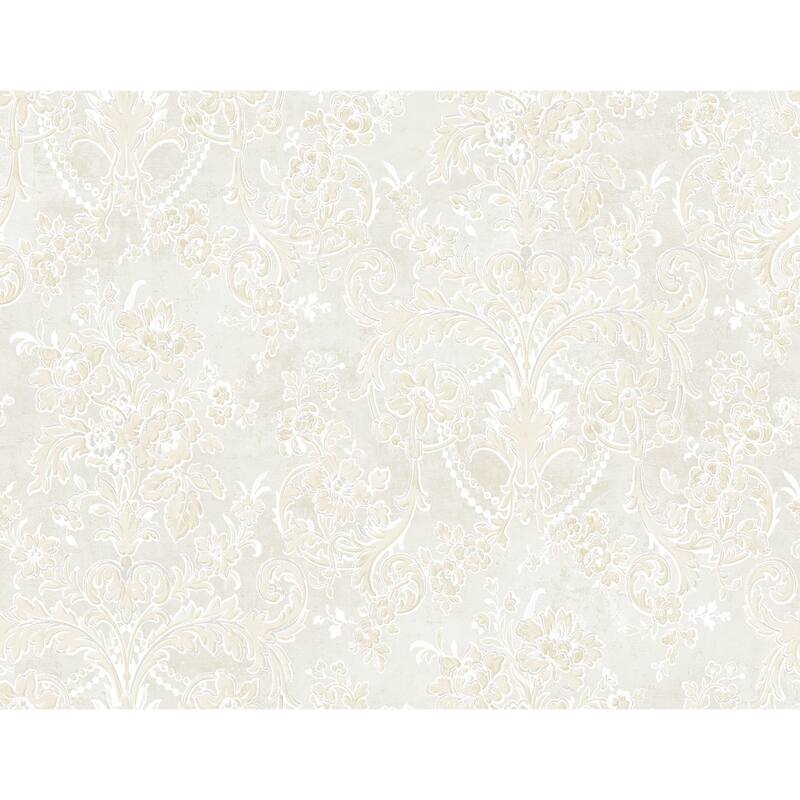 Seabrook Designs Vivienne Damask Unpasted Wallpaper - 27 in. W x 27 ft. L - Metallic Alabaster & Dove