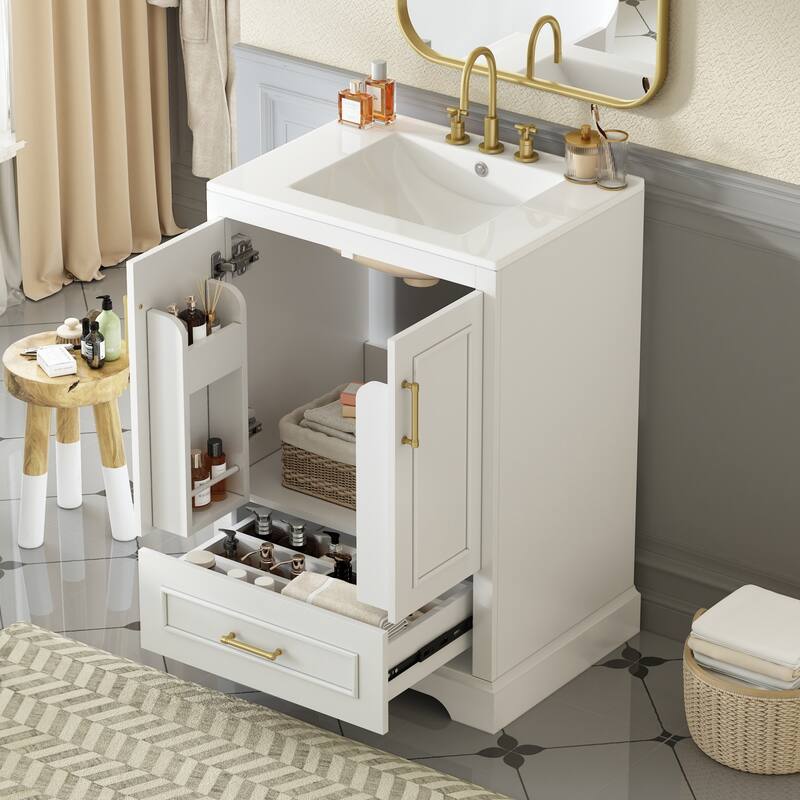 Bathroom Vanity with Ceramic Sink, Freestanding Bathroom Cabinet with Double Shelf, 1 Divided Drawer & 2 Soft Close Doors