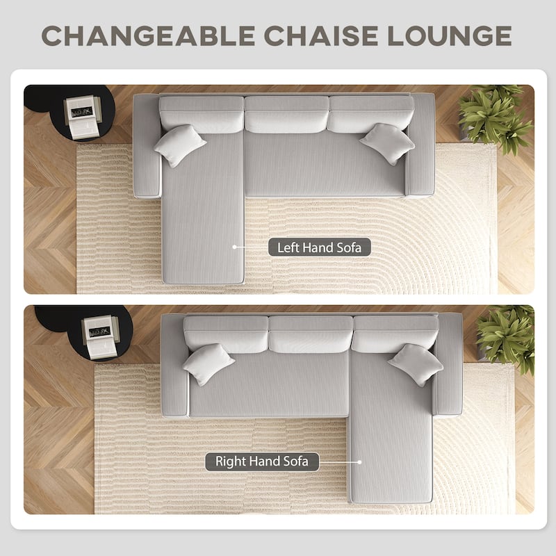HOMCOM 95" Sectional Sofa with Reversible Chaise Lounge, L-Shaped Corner Sofa with Corduroy Fabric, Pocket Spring, 2 Pillows