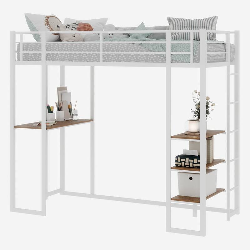 Iron frame bed with bed and table with stairs on both sides