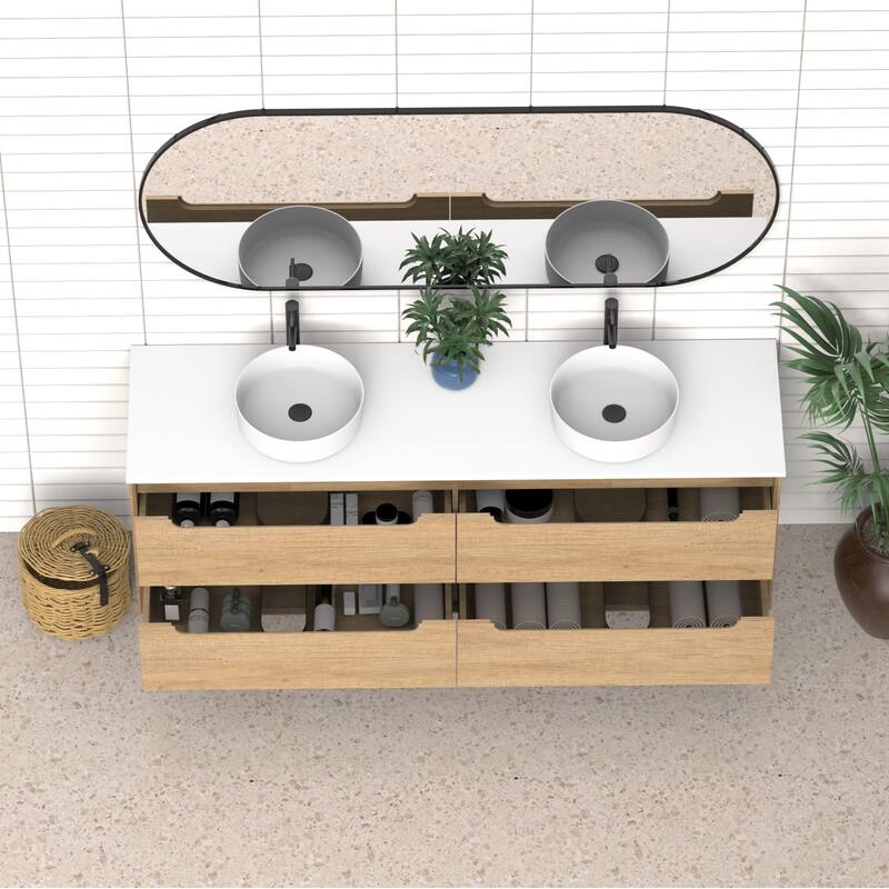 72" Solid Wood Bathroom Vanity with White Quartz Countertop Ceramic Vessel Sink