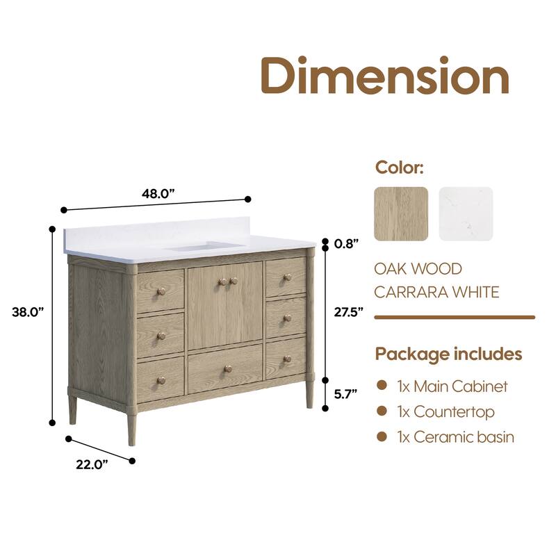 34''H Solid Wood Bathroom Vanity With Carrera White Quartz Top and Sink