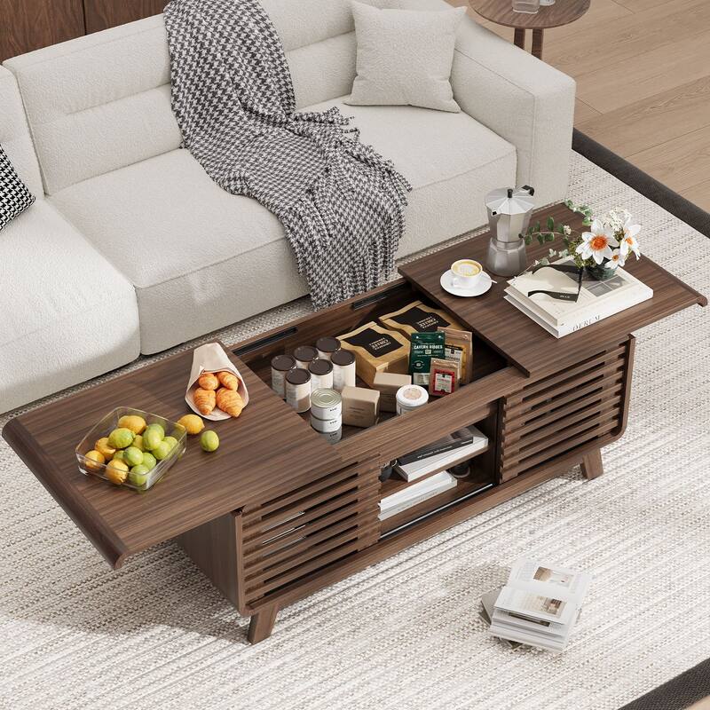 Gymojoy 47" Mid Century Modern Coffee Table with Sliding Door Storage, Walnut Center Table