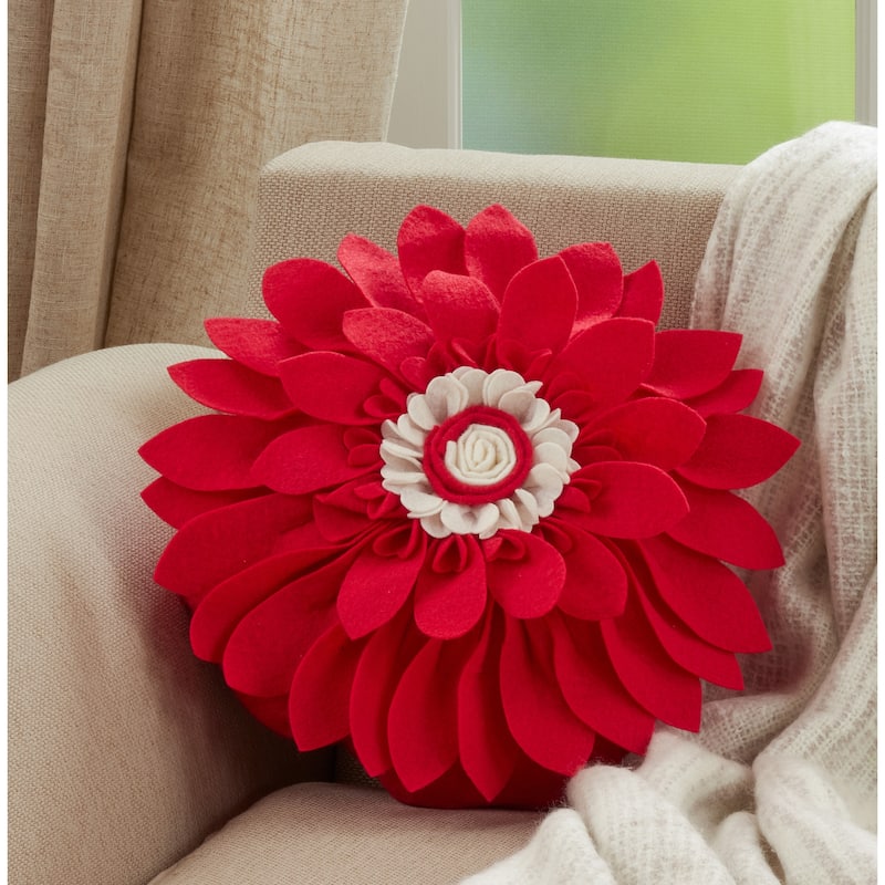 Felt Flower Design Poly-Filled Throw Pillow - Red