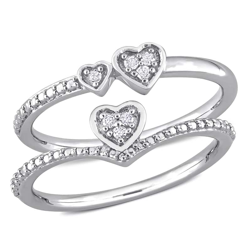 Miadora Diamond Accent Heart Double Heart Promise Rings 2-Piece Set Sterling Silver