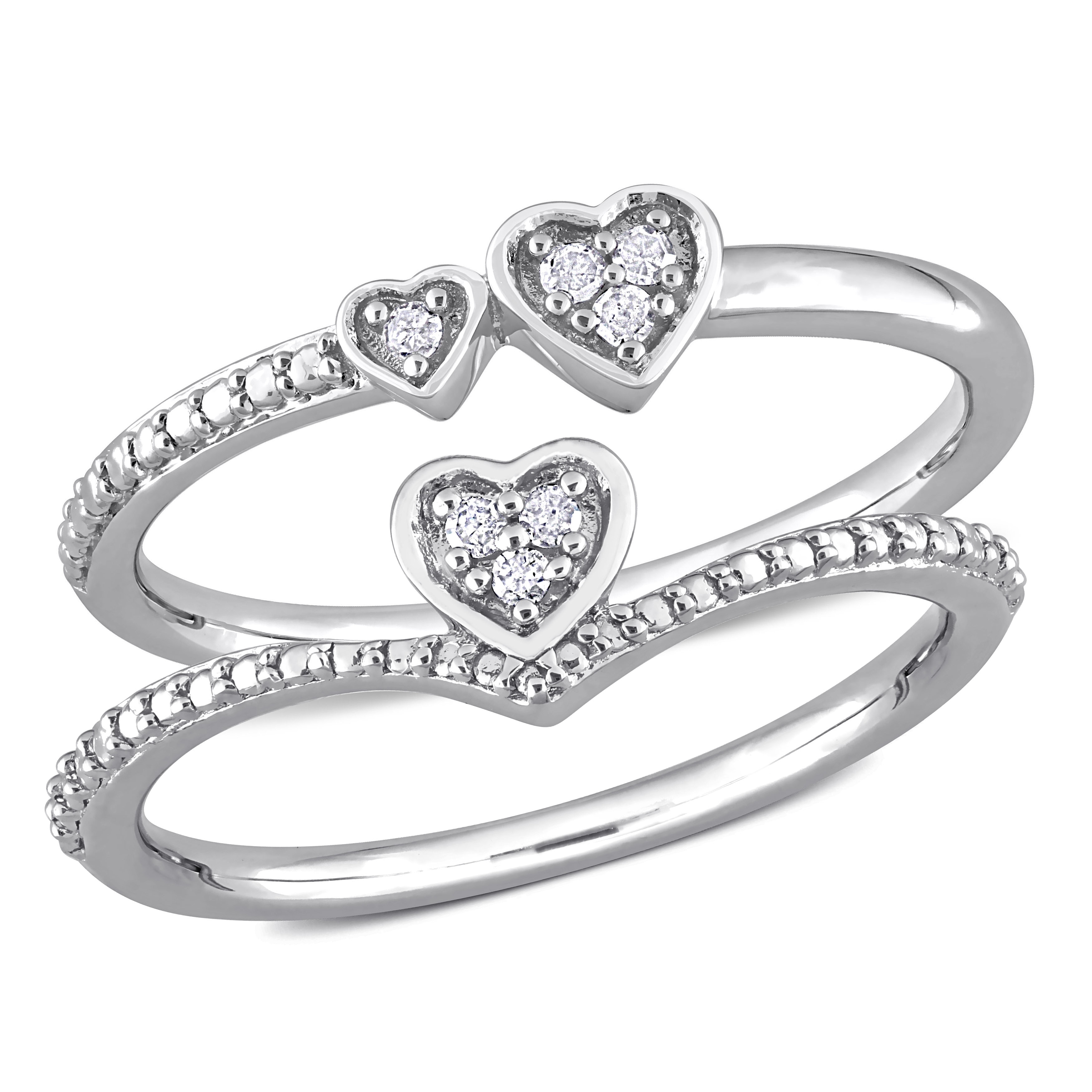 Miadora Diamond Accent Heart Double Heart Promise Rings 2-Piece Set Sterling Silver
