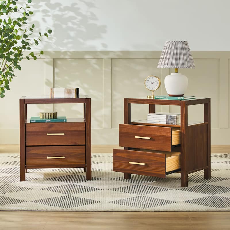 Walker Edison Solid Wood Nightstands with Tempered Glass Top (Set of 2)