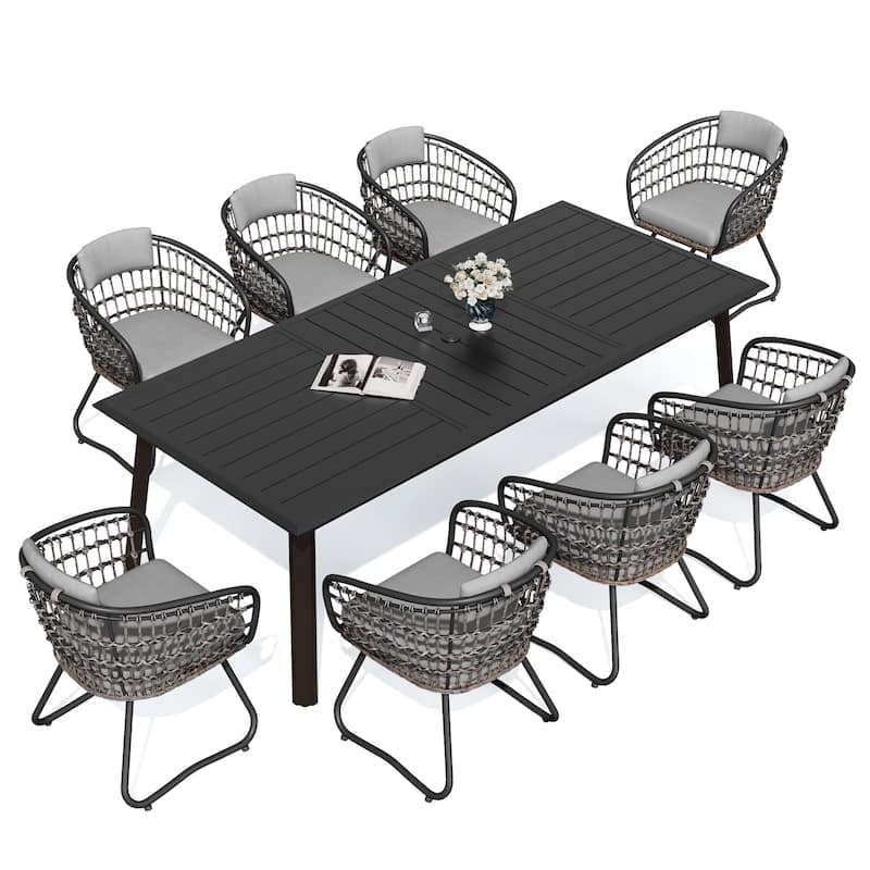 Patio Outdoor Aluminum Dining Table Sets with Umbrella Hole with Rattan Chair