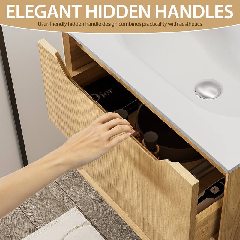 32" Floating Bathroom Vanity with Sink - Multi-Layer Solid Wood, Wall-Mounted with White Stone Top & 2 Soft-Close Drawers