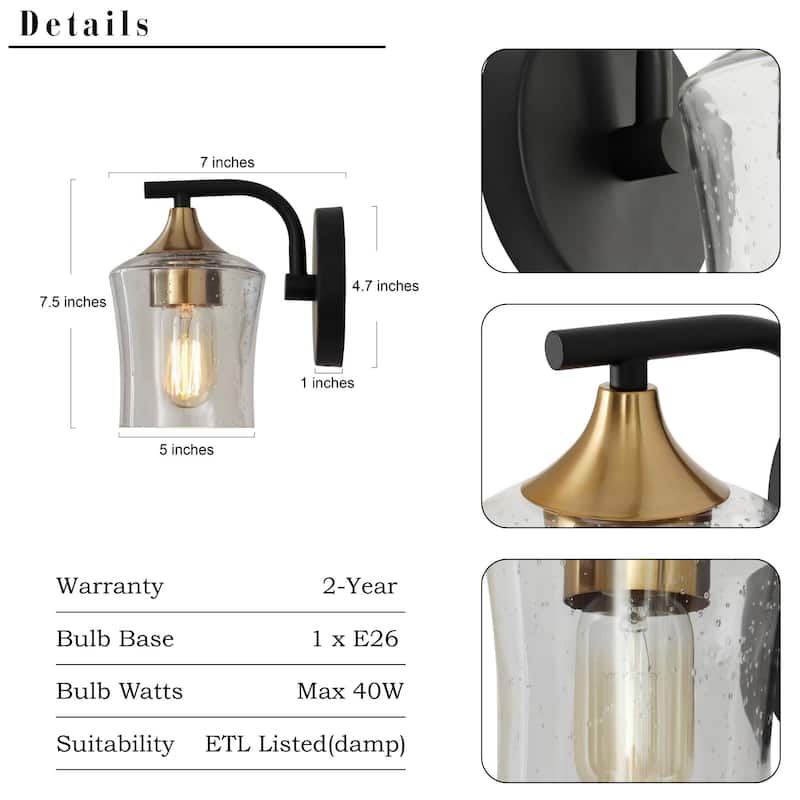 Modern 1-Light Black Gold Wall Sconce Glass Vanity Lights for Bathroom