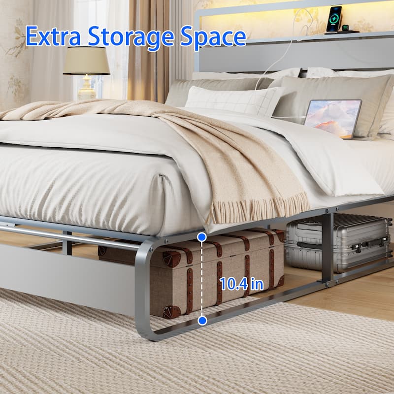 Bed Frame with Headboard, Metal Platform Bed Frame with Charging Station