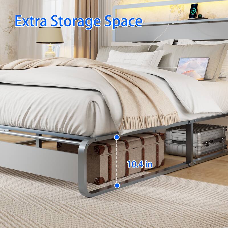 LED Queen Bed Frame Heavy Duty Queen Bed Frame with Headboard and Charging Station