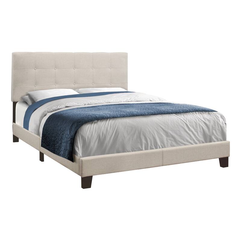 Queen Size Upholstered Bed Frame with Tufted Headboard and Black Wood Legs - Beige