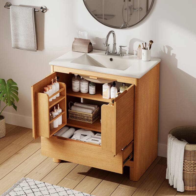 30"Softened Modern Bathroom Vanity with Ceramic Sink, Solid Wood Frame, Soft-Close Doors & Drawer, Adjustable Shelf