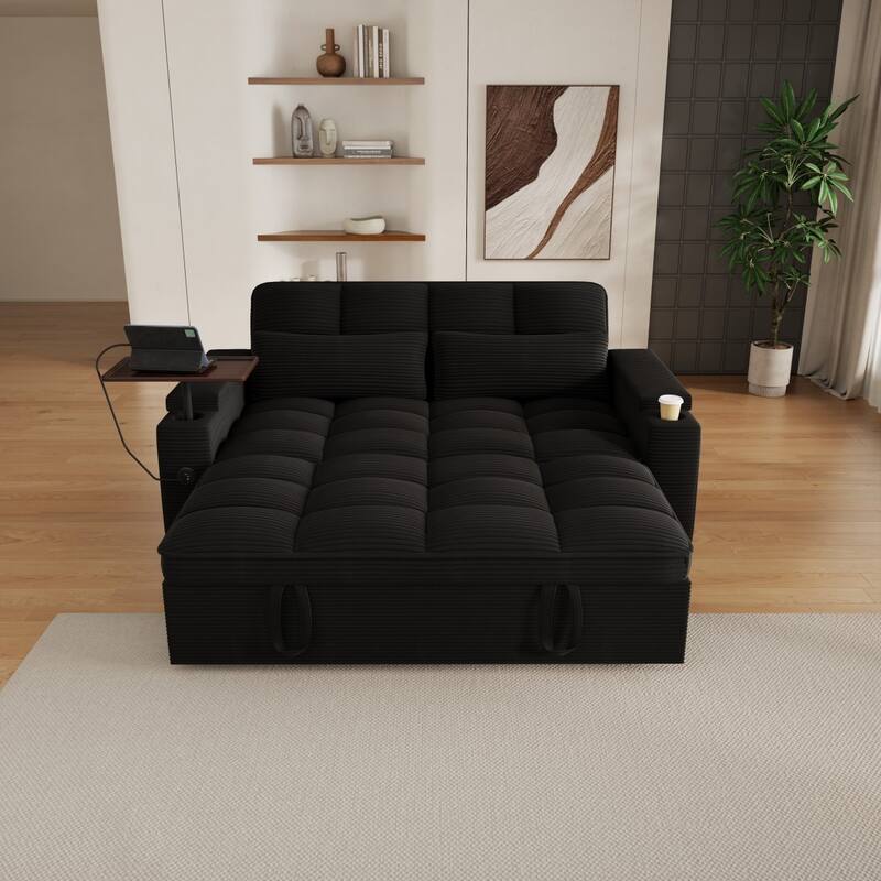 65'' Chenille 3-in-1 Folding Sectional Sofa with 360-Degree Swivel Side Table