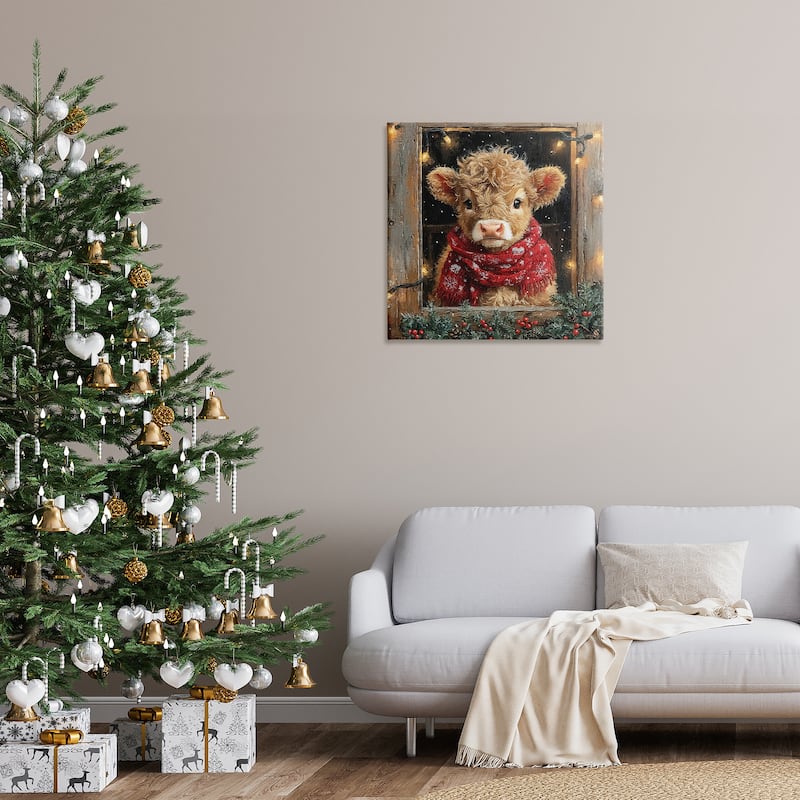 Stupell Calf with Holly & Lights Garland Canvas Wall Art Design By Riley B