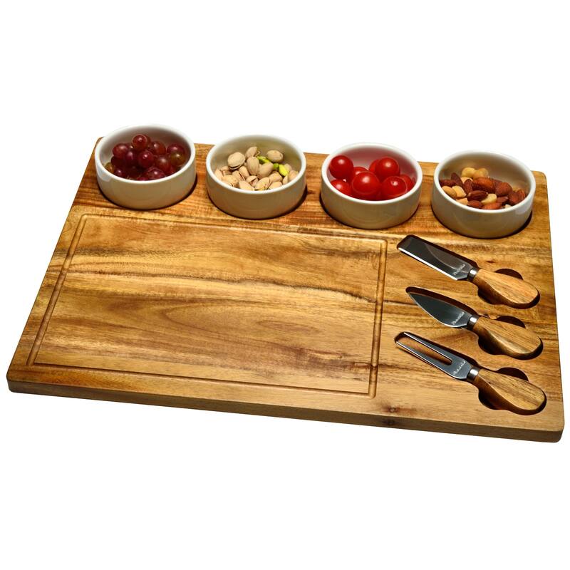 NCAA Clemson Tigers Large Premium Acacia Charcuterie Board with Ceramic Bowls & Cheese Tools - 17" x 13"