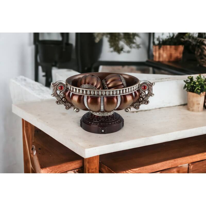 HomeRoots 9" Reddish Bronze And Silver Polyresin Decorative Bowl With Orbs - 7.75' X '8.75' X '16.25 - 7.75' X '8.75' X '16.25