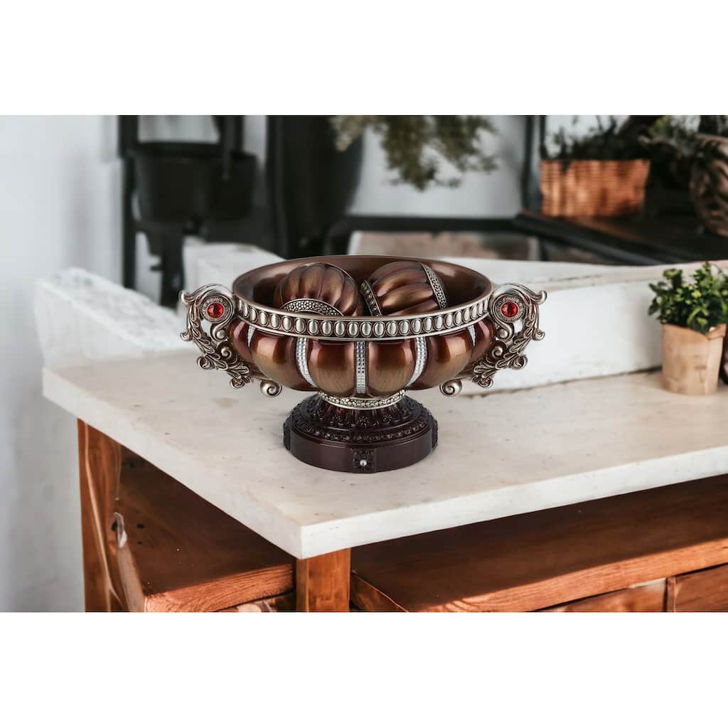 HomeRoots 9" Reddish Bronze And Silver Polyresin Decorative Bowl With Orbs - 7.75' X '8.75' X '16.25