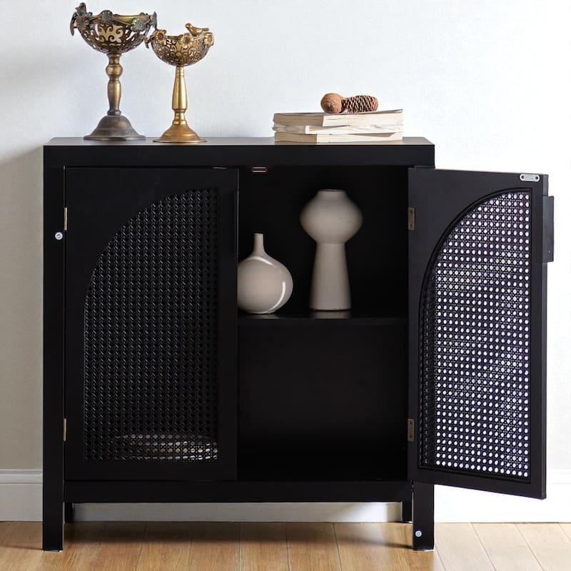 Modern Rattan Accent Cabinet with Arched Doors, 29" Buffet Storage Cabinet with Adjustable Shelf for Entryway or Kitchen