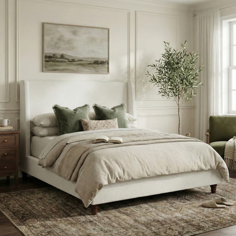 Christopher Knight Home - Modern 52.7" Tall Wingback Boucle Upholstered Platform Bed Frame with Solid Wood Legs & Slat Support