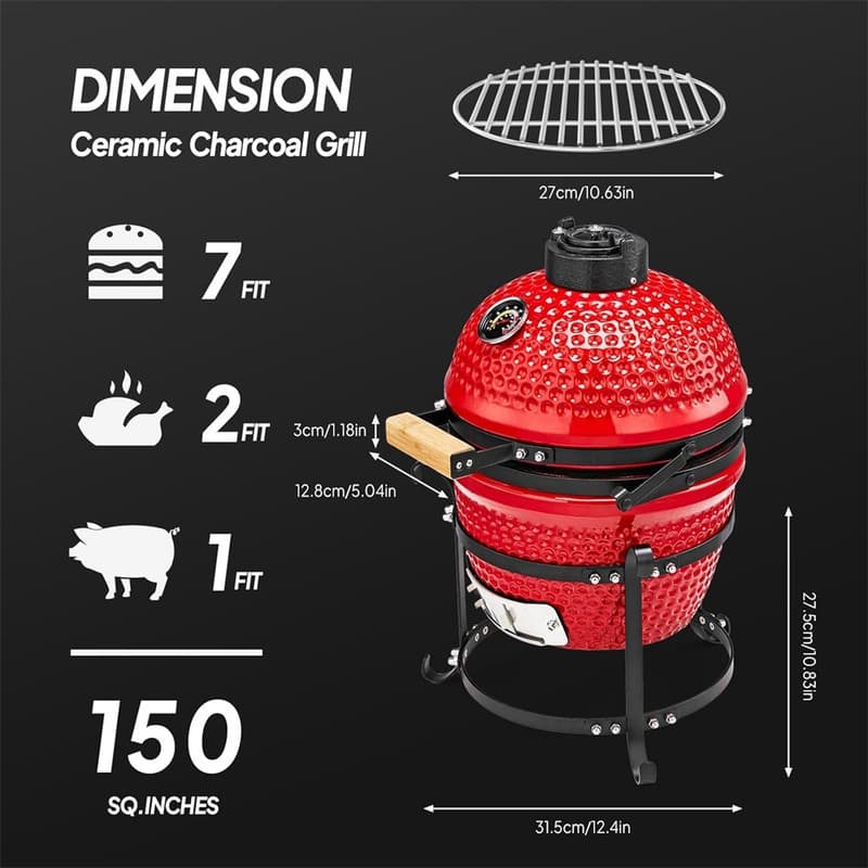 13 In. Kamado Ceramic Charcoal Grill In Red With Grill Stand