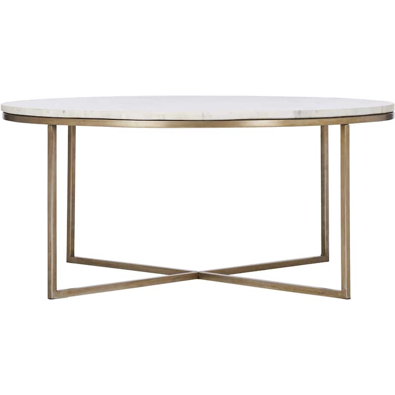 Round Coffee Table with Marble Top - 35" - Antique Brass and White