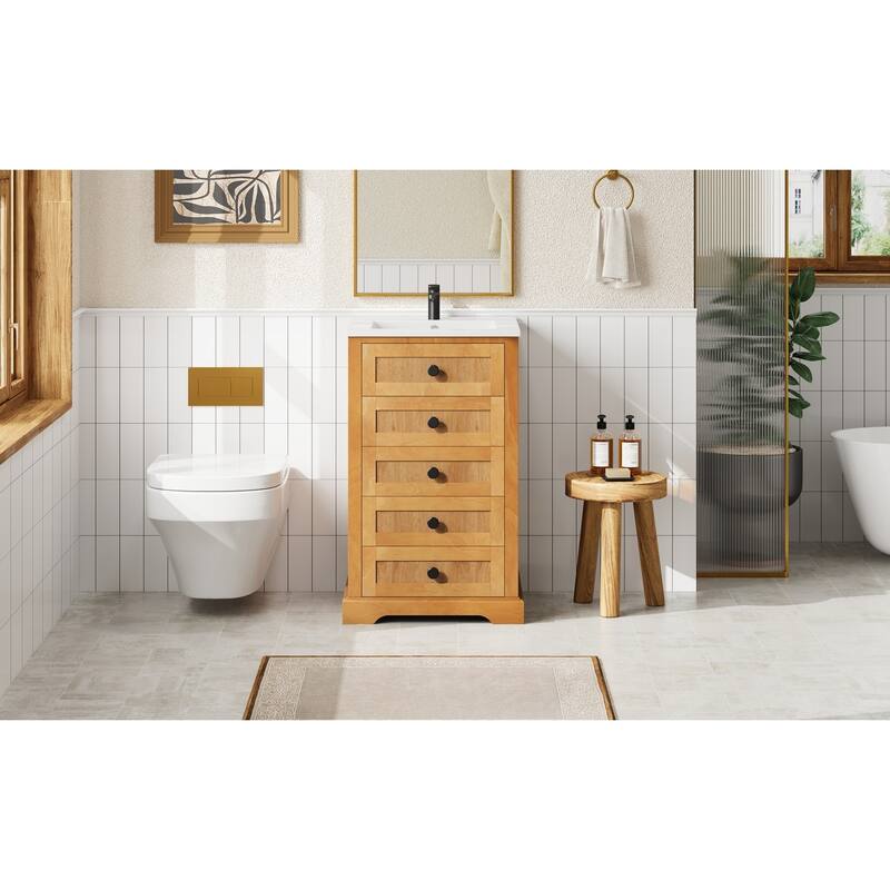 20" Bathroom Vanity with Integrated Ceramic Sink, Bathroom Cabinet with Soft-Closing Door, Solid Wood Bottom Frame