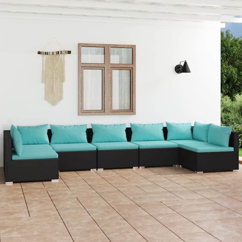 vidaXL Patio Lounge Set Outdoor Sectional Sofa Set Table Garden Poly Rattan - 27.6" x 27.6" x 23.8" - Black/Water blue 2 x Corner sofa