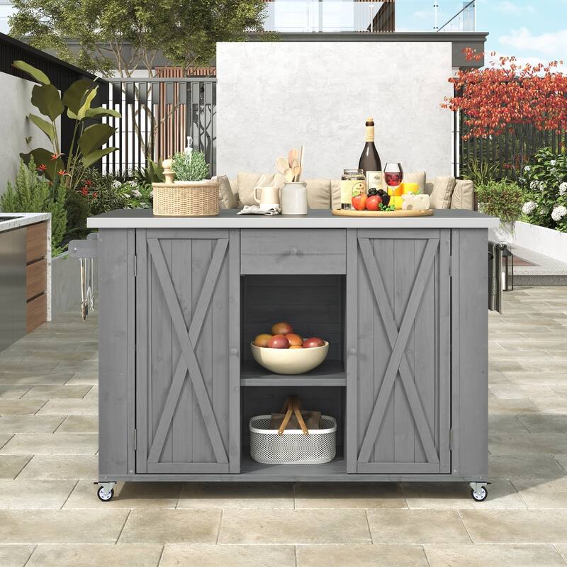 Outdoor Kitchen Island Fir Wood Kitchen Island with Stainless Steel Top, Ample Storage Space, Towel and Spice Racks - Grey