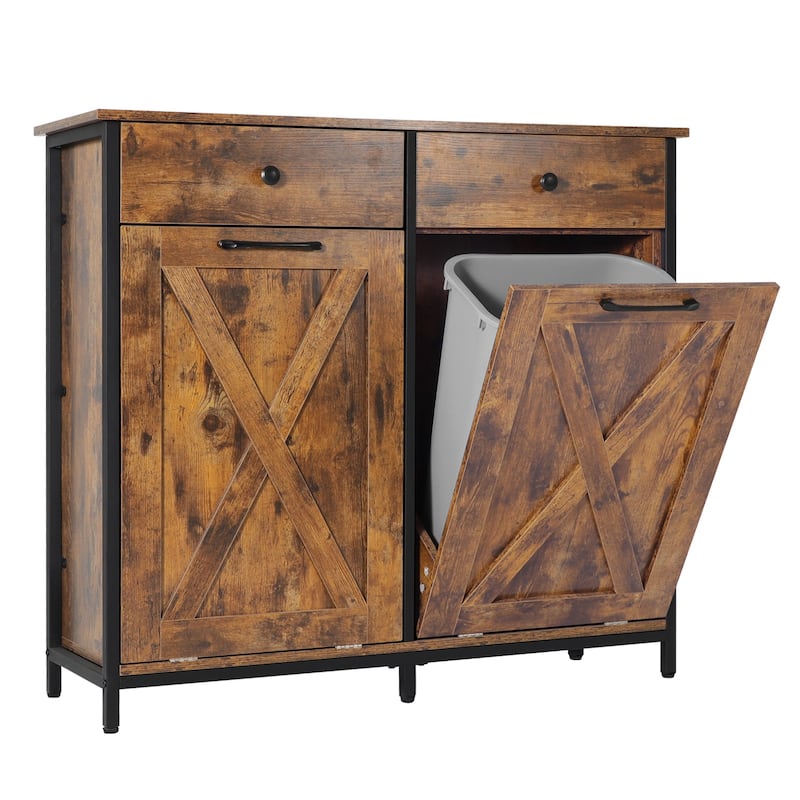 Hideaway Drawer Tilt Out Trash Cabinet Double Door Dual Rustic Wooden Kitchen Cabinet