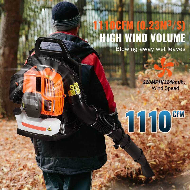 Orange Backpack Leaf Blower with Fuel Tank and Adjustable Padded Shoulder Straps