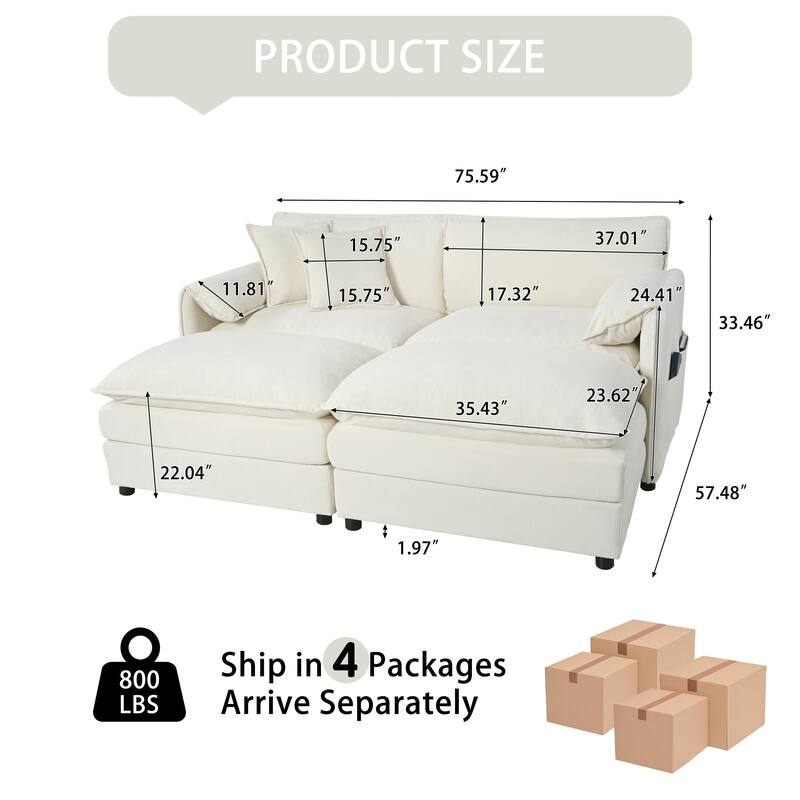 Chenille Loveseat Upholstered Deep Seat Sofa with 2 Movable Ottomans and 2 Pillows Love Seat Modular Couch for Apartment