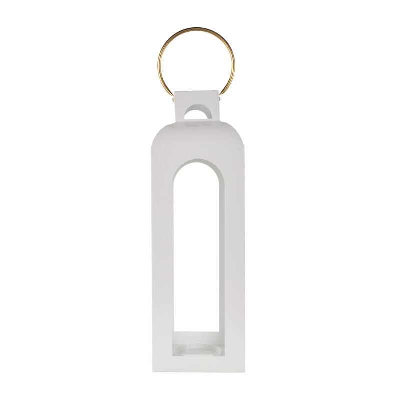 Metal Tall Arched Cutout Indoor Outdoor Candle Lantern with Gold Handle - White - Roche River Decor