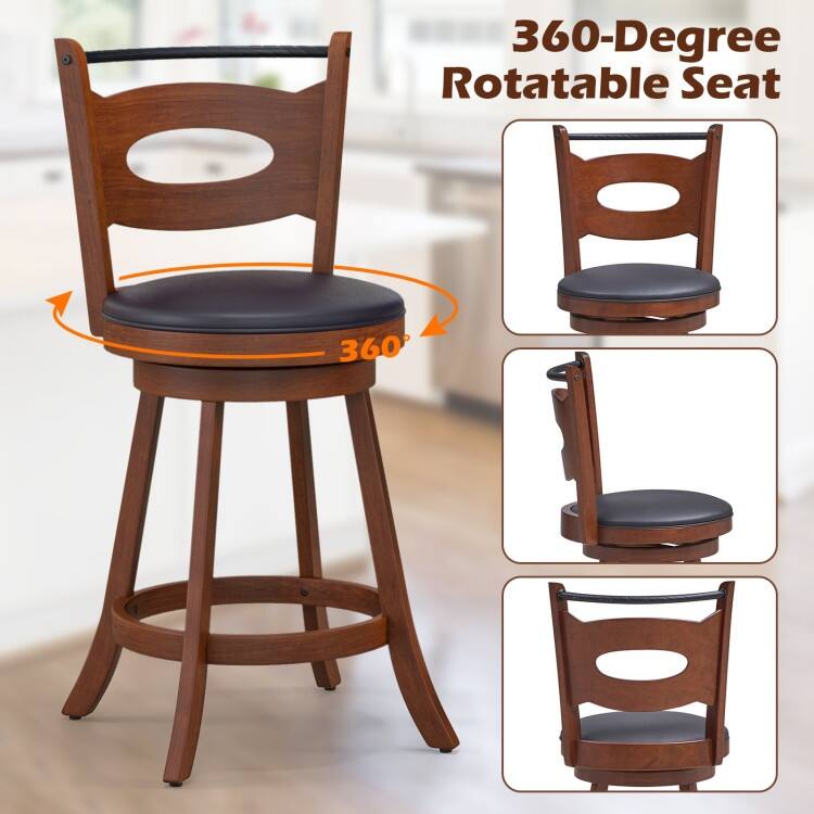 2 Pieces Swivel Bar Stools with Curved Backrest and Seat Cushions