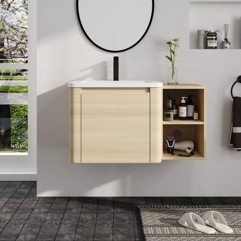 Malwee 24"/36"/48"/60" Floating Bathroom Vanity, Wall Mounted Bathroom Vanity with Ceramic Sink,Soft Close Door and Shelf - 35.8"×18.8"×20.0"