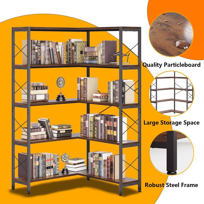 Large Size 5/6-Shelf Corner Bookshelf, Vintage Industrial Corner Bookshelf Etagere Bookcase